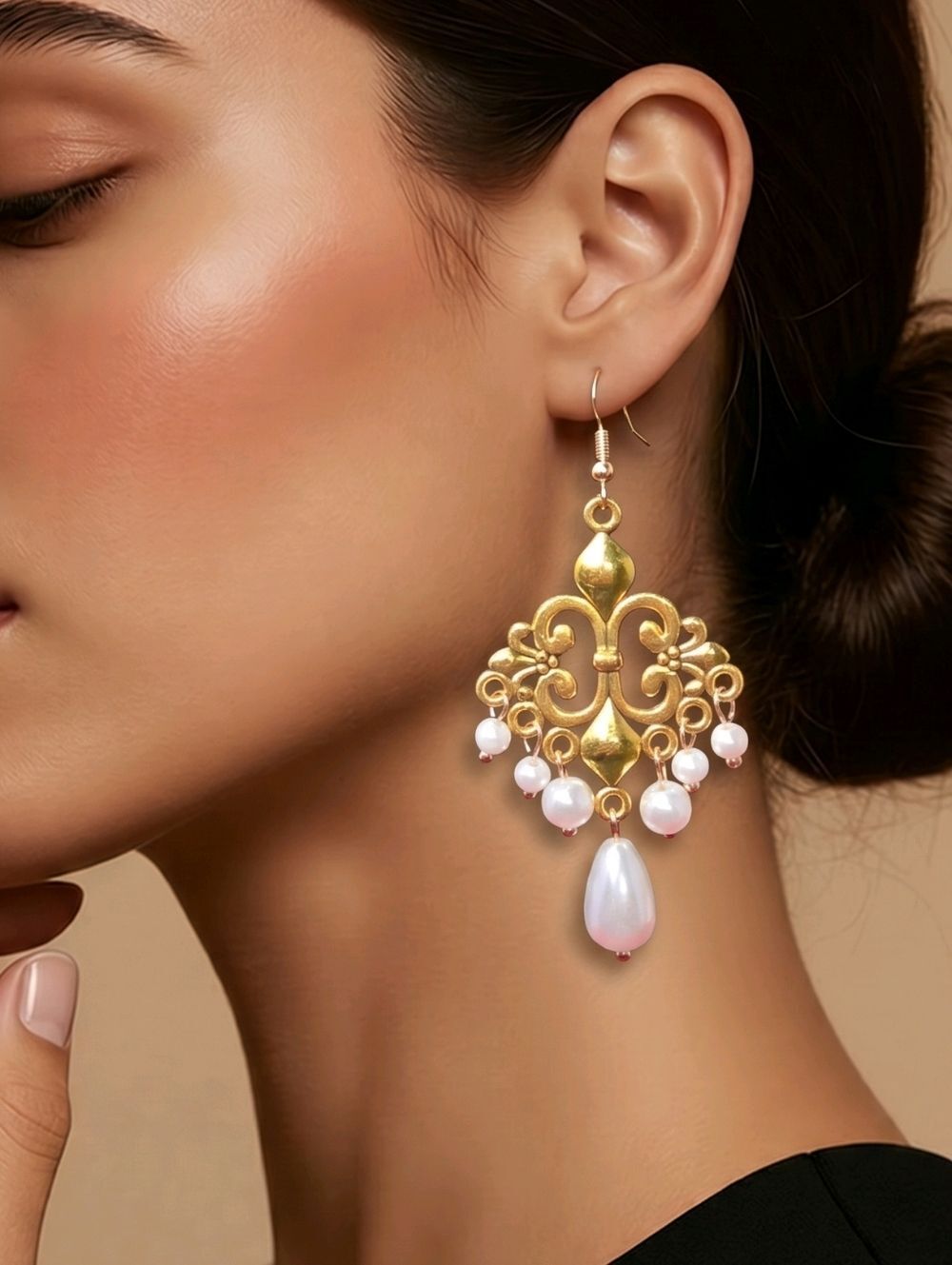 Gold Pearl Chandelier Earrings Vintage Bridal Old Money Formal Statement Jewelry